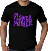 Grote maten Flower Power t-shirt - zwart met paarse glitter letters - plus size heren XXXXL