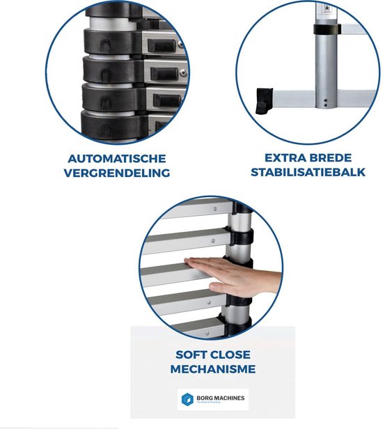 Details van een zwarte telescopische ladder: automatische vergrendeling, stabilisatiestang, soft close mechanisme