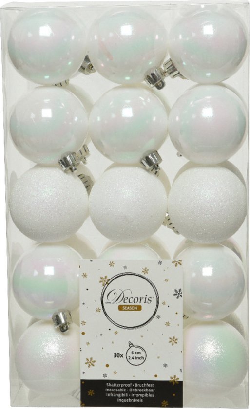 Kerstballen 30x stuks incl. ster piek parelmoer wit kunststof bol