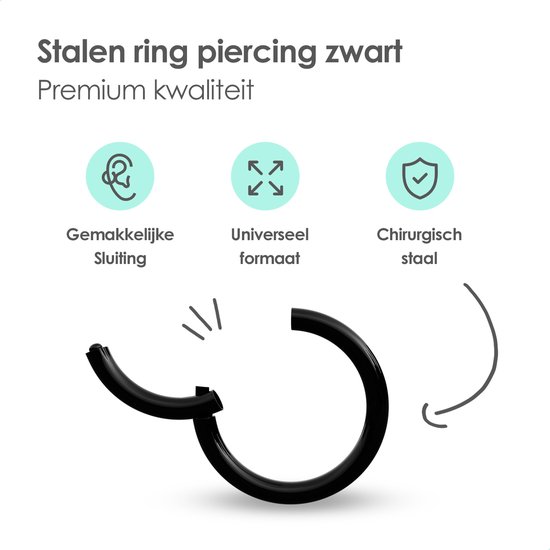MATTISE Zwarte Chirurgisch Stalen Ring Piercing — Zwart Kleurige — 12 mm Diameter & 1,0 mm Staafdikte — Oorbellen Ringetje Geschikt voor Helix Tragus Septum Lip Neus Wenkbrauw Piercings