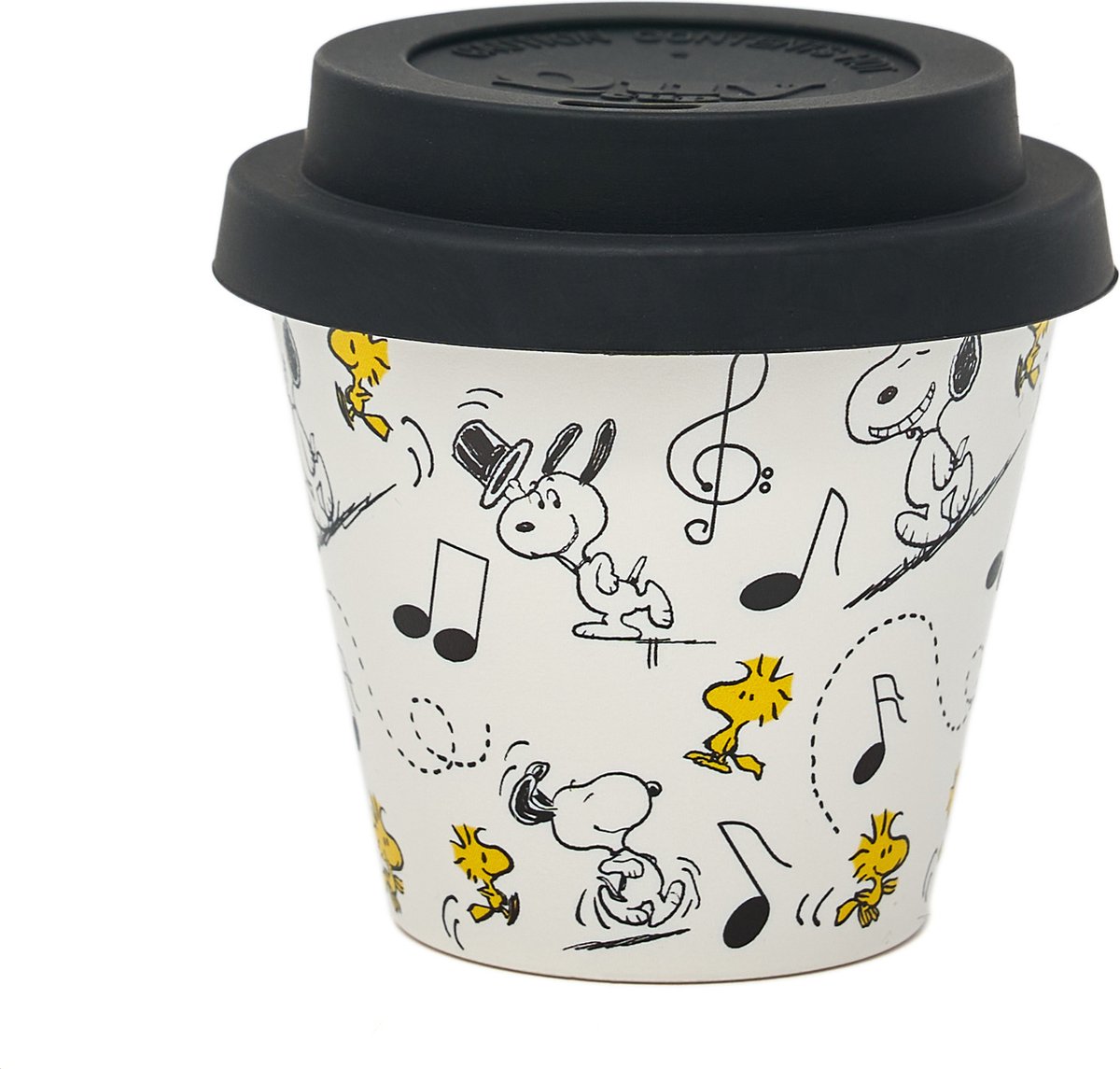 Quy Cup - 90ml Ecologische Reis Beker - Espressobeker “Peanuts Snoopy Music” met Zwarte Siliconen deksel