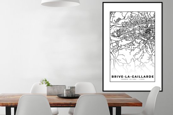 Fotolijst incl. Poster Zwart Wit- Kaart - Brive-la-Gaillarde - Plattegrond - Frankrijk - Stadskaart - Zwart wit - 80x120 cm - Posterlijst