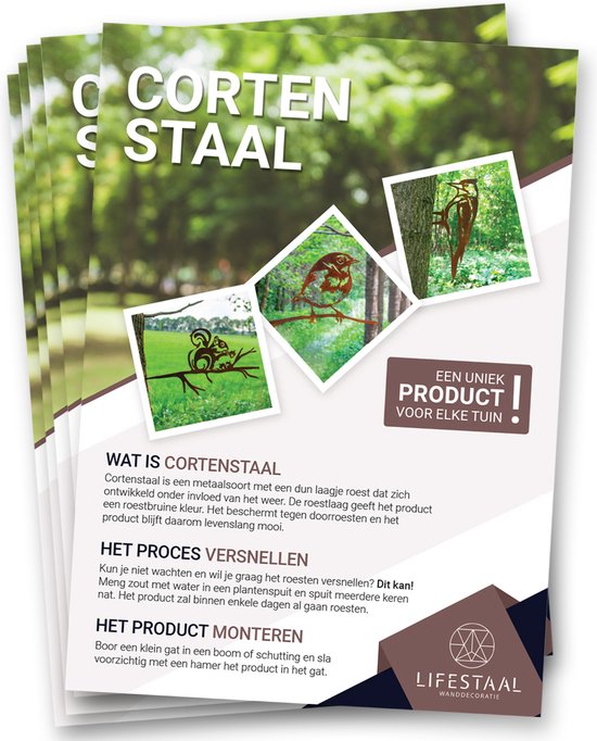 Folder met tekst en afbeeldingen van metalen tuinornamenten zoals een eekhoorn en een ijsvogel.