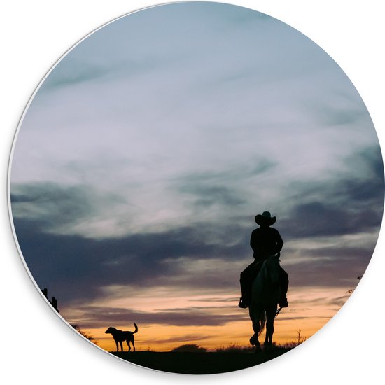 WallClassics - PVC Schuimplaat Muurcirkel - Silhouette van een Cowboy bij Zonsondergang - 30x30 cm Foto op Muurcirkel (met ophangsysteem)