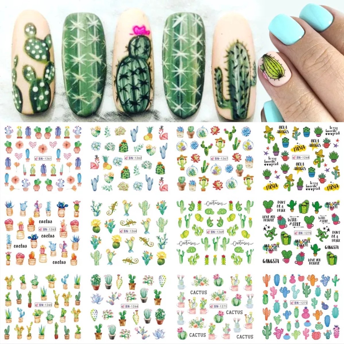 Goedkoopste Nagel stickervel Cactus met 9 designs water transfer stickers | nail art | nagelstickers | Sparkolia