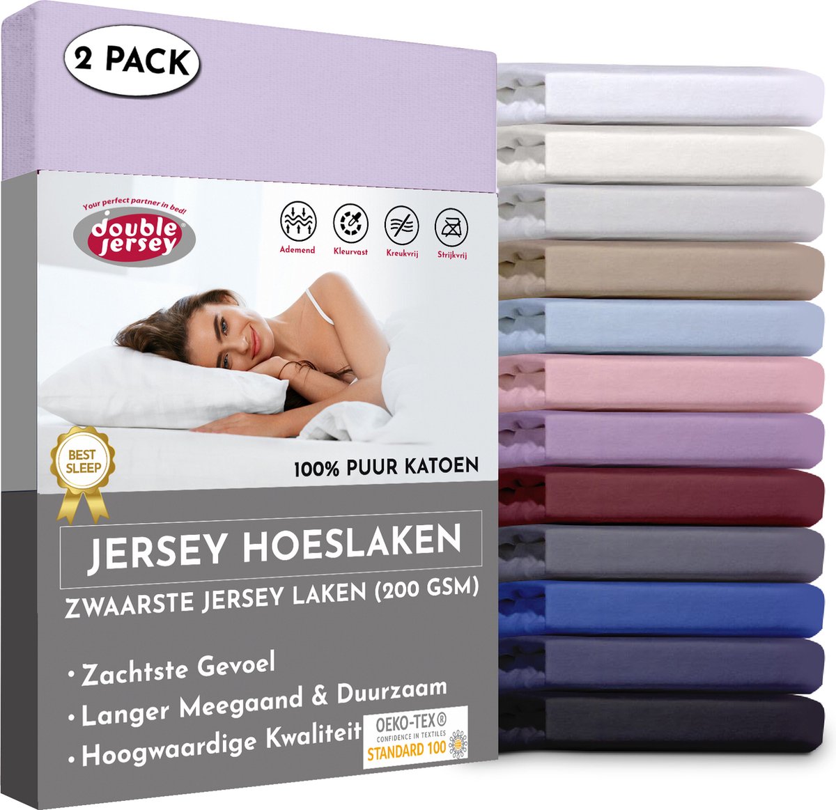 Double Jersey Hoeslaken - Hoeslaken (2 Pack) 90x200+20 cm - 100% Katoen Lavender