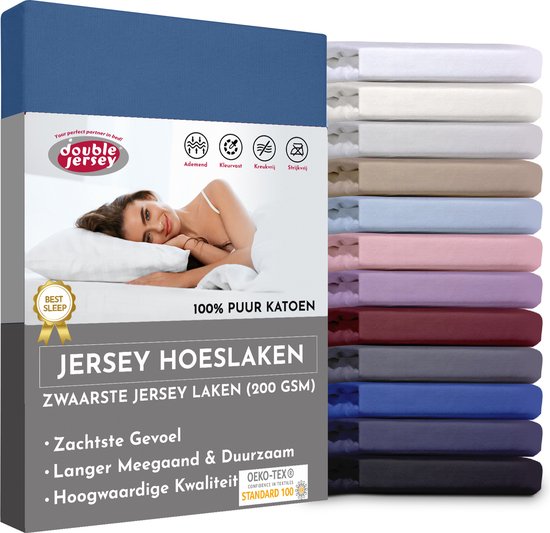 Intentie Editie moeder Double Jersey Hoeslaken - Hoeslaken 160x200+30 cm - 100% Katoen Jeans Blauw  | bol.com