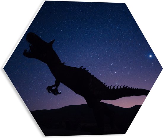 WallClassics - PVC Schuimplaat Hexagon  - Silhouette van een Dinosaurus in de Nacht - 40x34.8 cm Foto op Hexagon (Met Ophangsysteem)