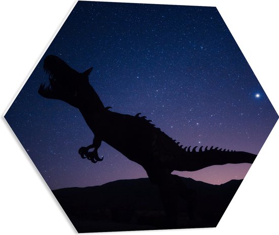 WallClassics - PVC Schuimplaat Hexagon  - Silhouette van een Dinosaurus in de Nacht - 60x52.2 cm Foto op Hexagon (Met Ophangsysteem)