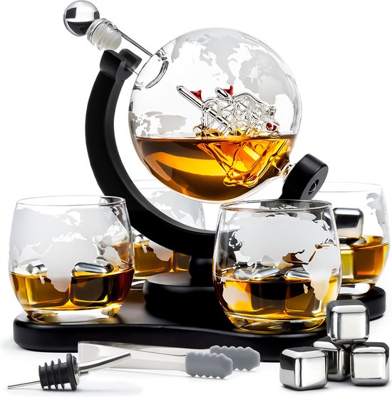 Whisiskey Whiskey Karaf - Wereldbol - Luxe Whisky Karaf Set - Whiskey Set - 0,9 L - Decanteer Karaf - Incl. 4 RVS Whiskey Stones, Schenktuit en 4 Whiskey Glazen - Peaky Blinders - Cadeau voor Man & Vrouw