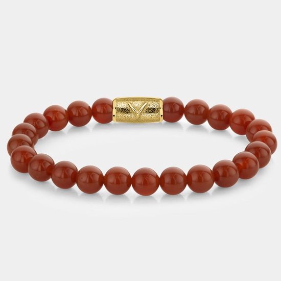 Armband met oranjerode kralen en een gouden gesp met V-logo.