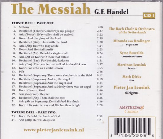 Achterkant albumhoes met tracklist 'The Messiah G.F. Handel CD 1'.