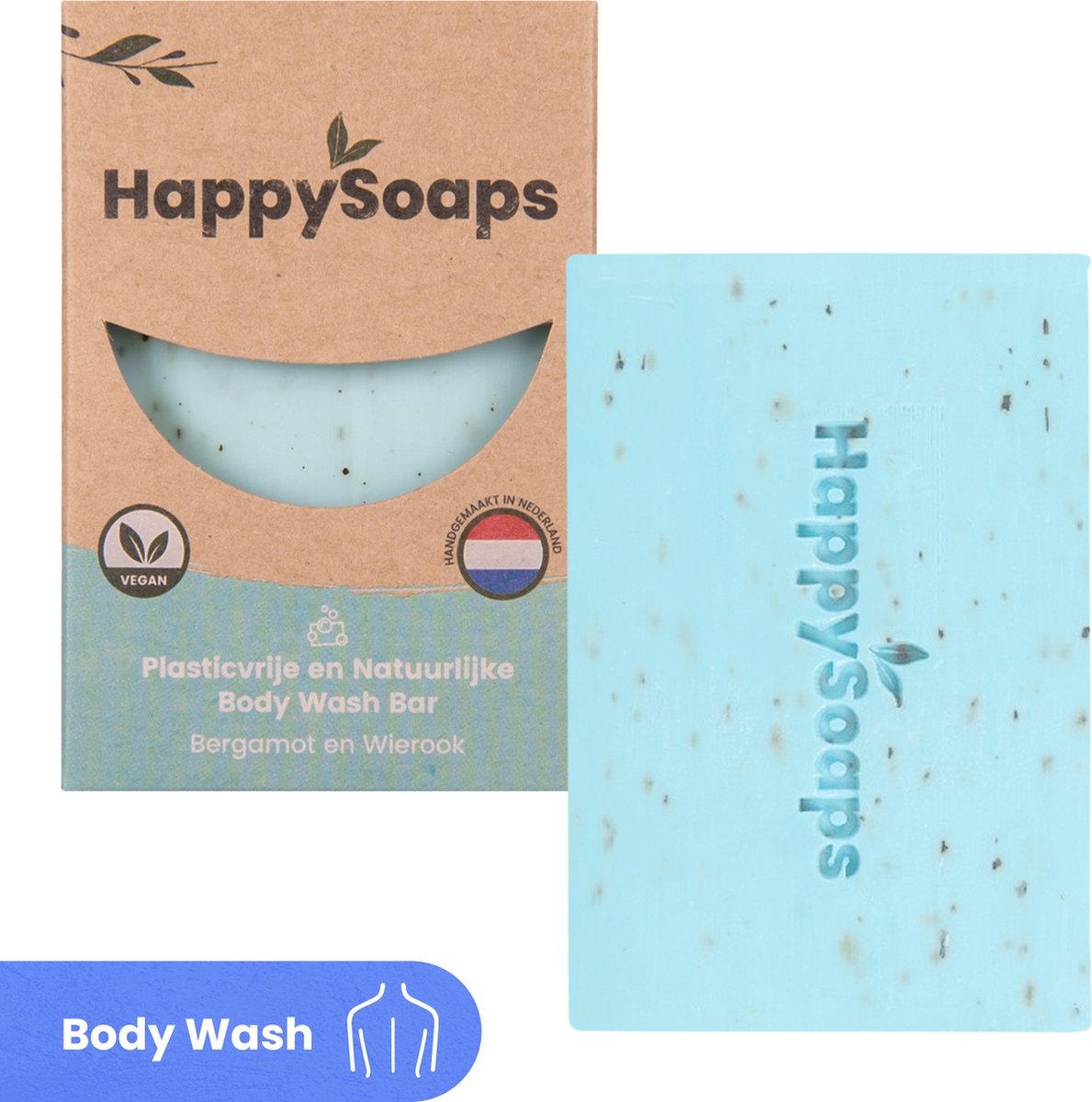 HappySoaps Body Wash Bar - Bergamot & Wierook - Kalmerend en Reinigend - 100% Plasticvrij, Vegan & Diervriendelijk - 100gr