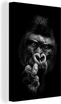 Canvas Schilderij Close-up gorilla op zwarte achtergrond - zwart wit - 40x60 cm - Wanddecoratie