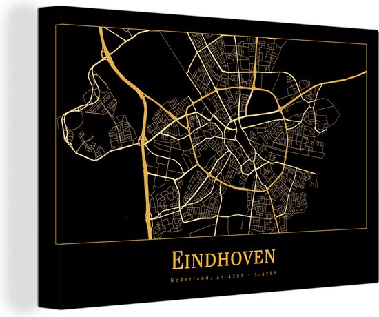 Canvas Schilderij Kaart - Eindhoven - Goud - Zwart - 60x40 cm - Wanddecoratie