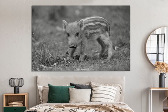 Tableau sur toile Veau sanglier dans l'herbe - noir et blanc - 150x100 cm - Décoration murale