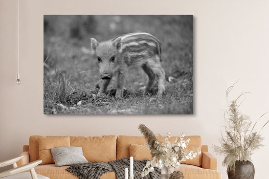 Tableau sur toile Veau sanglier dans l'herbe - noir et blanc - 150x100 cm - Décoration murale