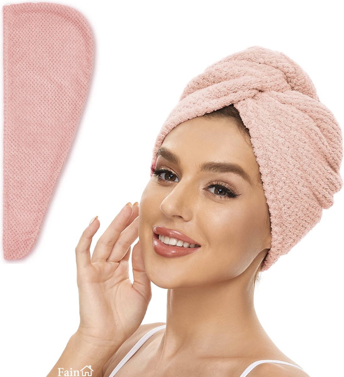 Fain® - Premium haarhanddoek – Hair towel – Licht roze – Voor alle haartypes - Haarhanddoek microvezel - Hoofdhanddoek – Haartulband – Haarhanddoek badstof – Haarhanddoek kinderen – Haarhanddoek sneldrogend