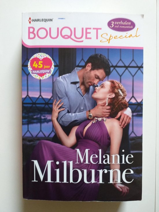 Man in blauw shirt omhelst vrouw in paarse jurk. Tekst "Bouquet Special Melanie Milburne".