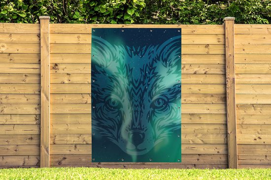 Tuinposter 120x180 cm - Tuindecoratie Vos - Aurora - Dier - Design - Poster voor in de tuin - Buiten decoratie - Schutting tuinschilderij - Tuindoek muurdecoratie - Wanddecoratie balkondoek