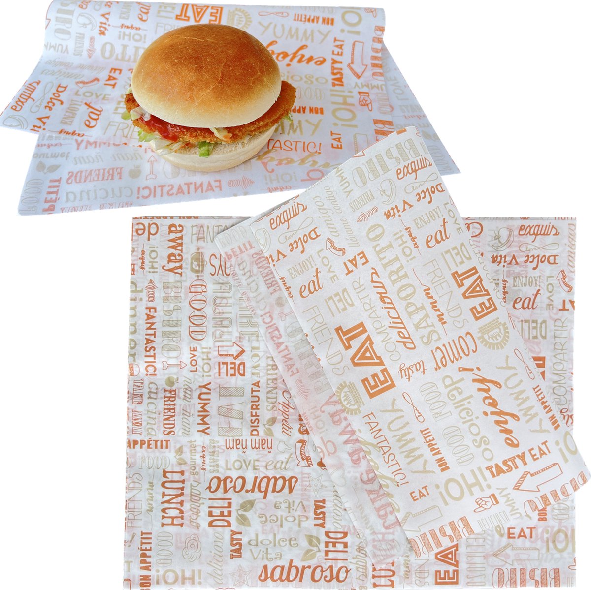 Rainbecom - 28 x 34 cm - 50 Stuks - Hamburger Vetvrij Papier - Duurzaam - Vocht en Vetbestendig - Papieren voor Sandwiches, Hamburgers, Snacks