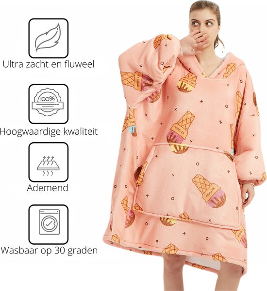 Q-Living Hoodie Deken - Snuggie - Plaid Met Mouwen - Snuggle Hoodie - Fleece Deken Met Mouwen - 1450 gram - Ice Cream