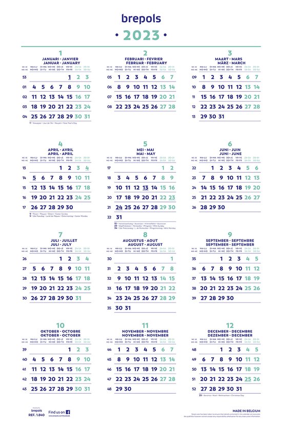 Brepols Kalender 2023 - Jaarkalender poster - 40 x 60,5 cm overzicht feestdagen en... | bol.com