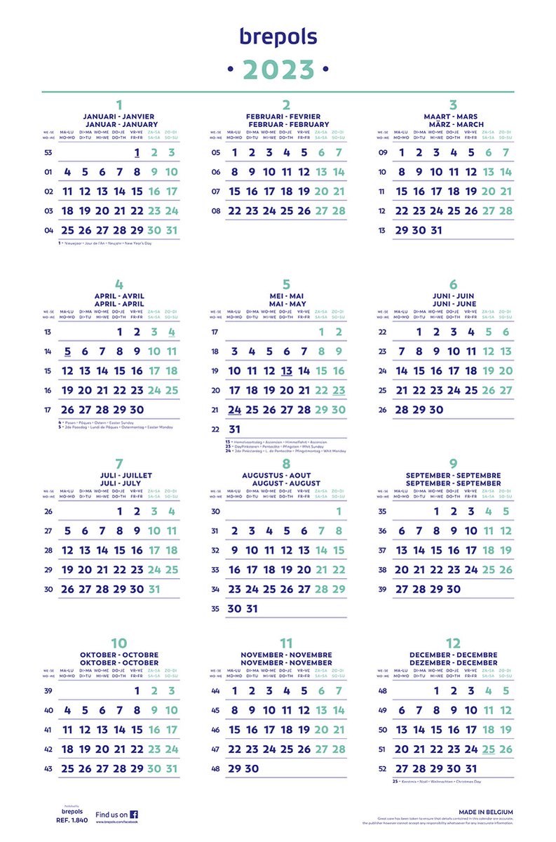 Brepols Kalender 2023 - Jaarkalender poster - 40 x 60,5 cm - overzicht feestdagen en vakantieplanning - gevouwen