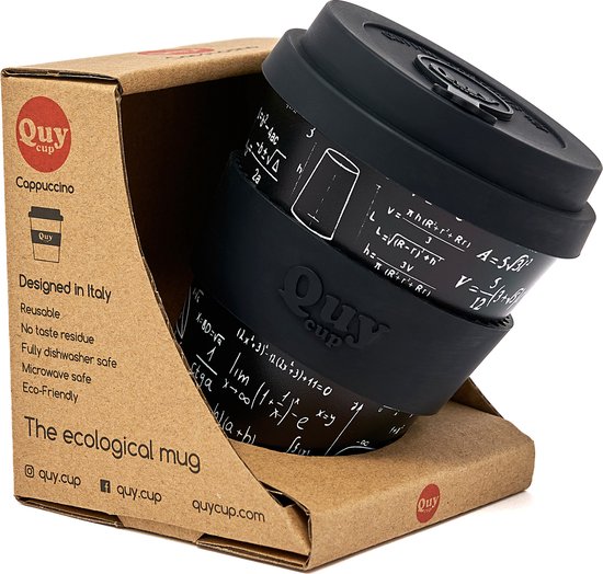 Quy Cup 230 ml - Gobelet de voyage écologique - "Einstein" - Sans BPA - Fabriqué à partir de Bouteilles en PET recyclées avec couvercle en Siliconen noir