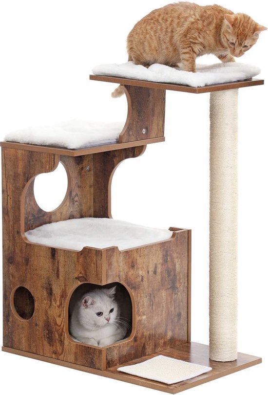 Zoo Krabpaal - kattenkrabpaal met 3 ligvlakken en grot - kattenboom van Hout en sisalstam - wasbare pads van imitatiebont - vintage bruin, wit - 88 cm
