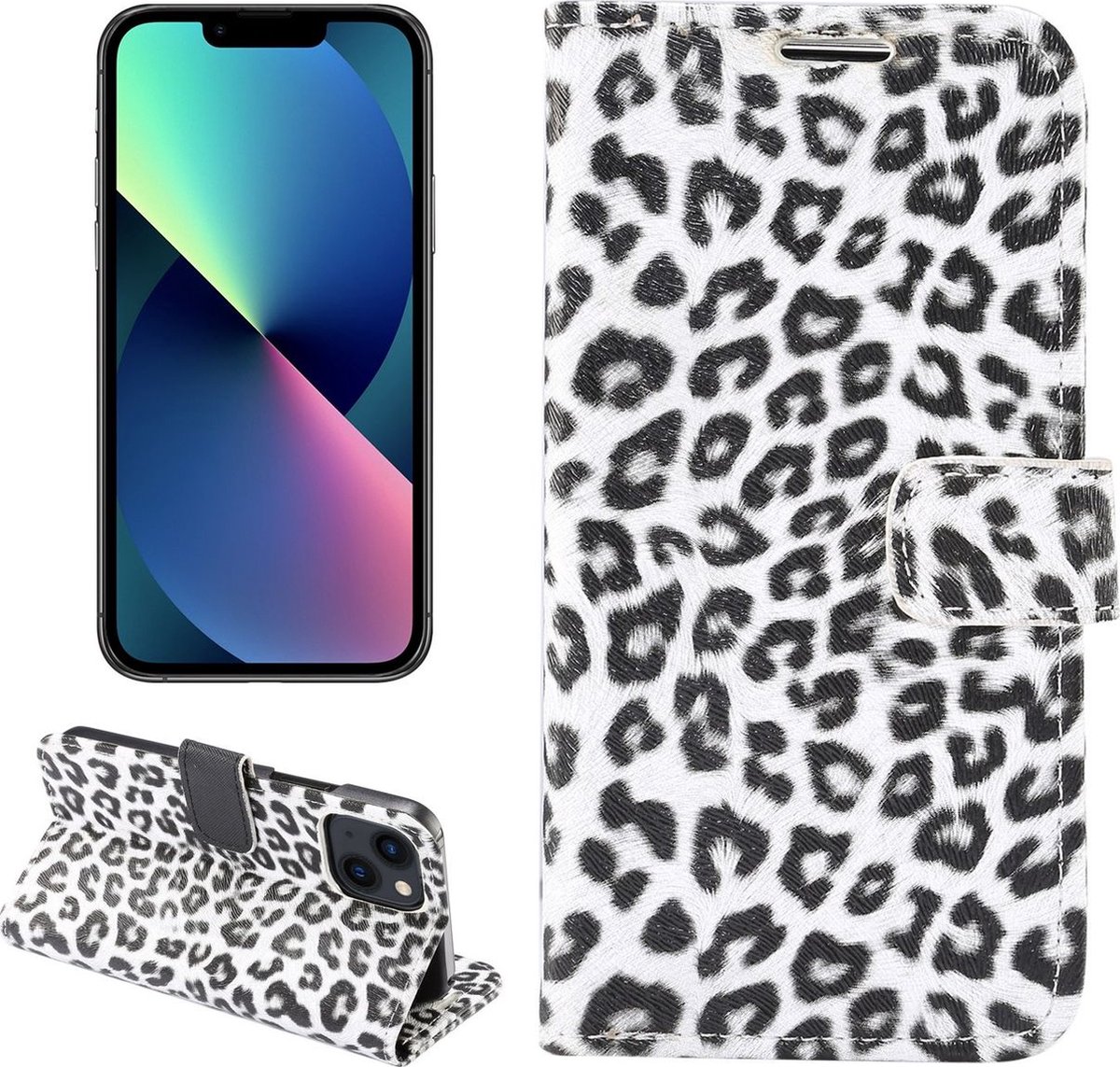 Mobigear Telefoonhoesje geschikt voor Apple iPhone 14 Hoesje | Mobigear Leopard Bookcase Portemonnee | Pasjeshouder voor 2 Pasjes | Telefoonhoesje voor Pinpas / OV Kaart / Rijbewijs - Wit