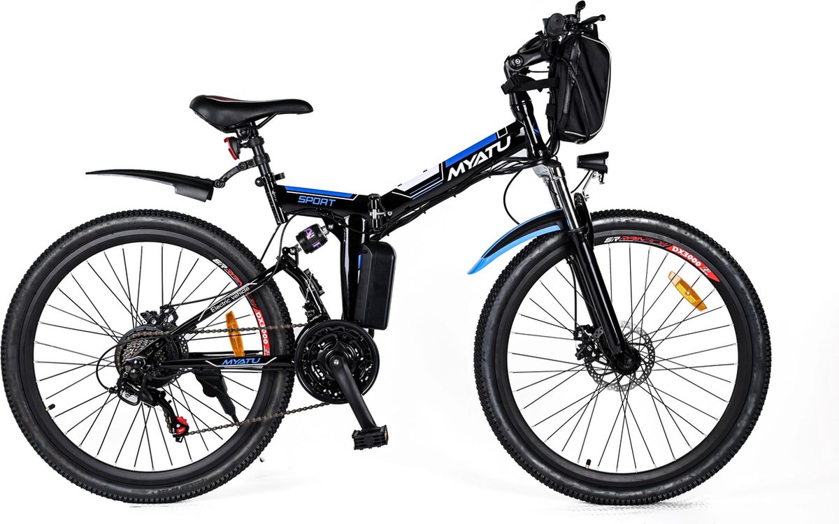 Myatu E Bike 26 inch e bike voor vrouwen en mannen, mountainbike elektrische fiets met 36V 10.4AH accu en Shimano 21 versnellingen, 21 versnellingen, derailleur, 250 W Zwart en Blauw online kopen