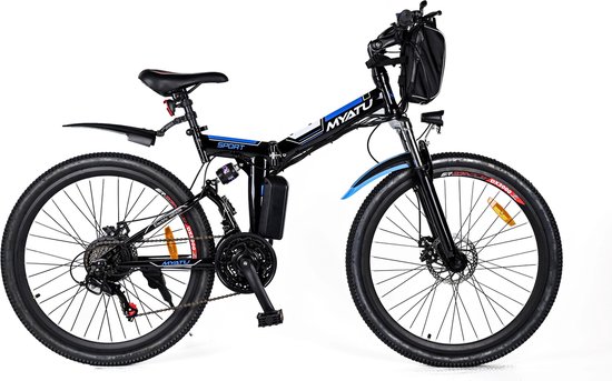 Myatu E-Bike 26-inch e-bike voor vrouwen en mannen, mountainbike elektrische fiets met 36V 10.4AH accu en Shimano 21 versnellingen, 21 versnellingen, derailleur, 250 W-Zwart en Blauw