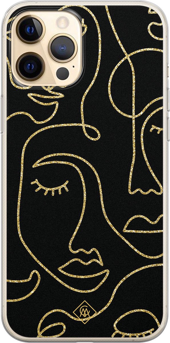 Casimoda® hoesje - Geschikt voor iPhone 12 Pro - Abstract faces - Siliconen/TPU - Zwart