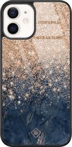 Casimoda® hoesje - Geschikt voor iPhone 12 - Marmer Blauw Rosegoud - Luxe Hard Case Zwart - Backcover telefoonhoesje - Rosekleurig