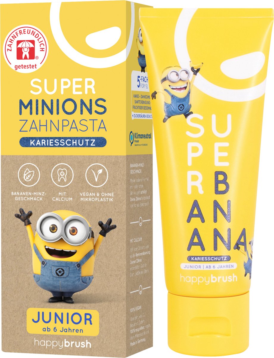 Super Banana Minions tandpasta 75 ml - Happybrush - Voor kinderen vanaf 6 jaar - Tegen tandbederf