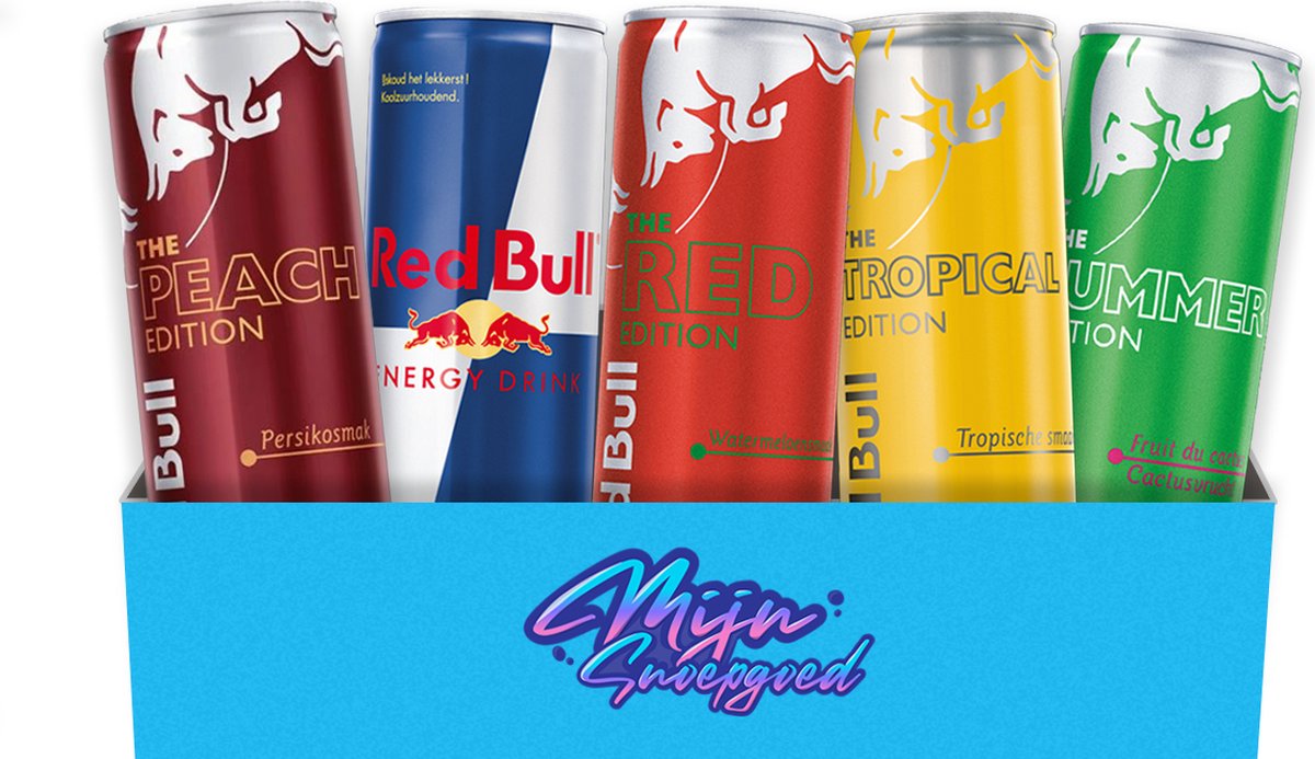 Red Bull - Taste Box - 5 smaken - Proeverij - Original - Watermeloen - Tropisch fruit - Cactusvrucht - Peach