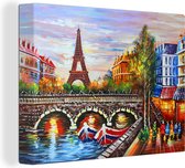 Canvas - Schilderij - Parijs - Water - Eiffeltoren - Stad - Olieverf - 80x60 cm - Muurdecoratie - Interieur