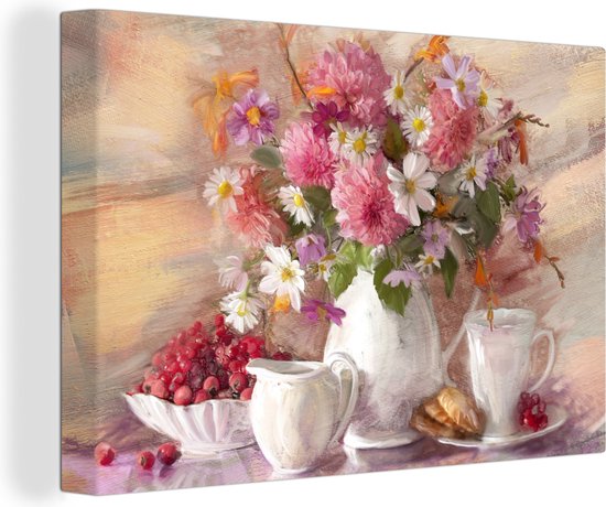 Toile - Tableau - Fleurs - Vase - Peinture à l'huile - 180x120 cm -  Décoration murale | bol