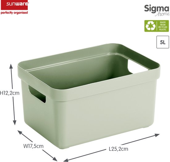 Groene Sunware Sigma home opbergbox van 5 liter, met afmetingen L25,2 x B17,5 x H12,2 cm.