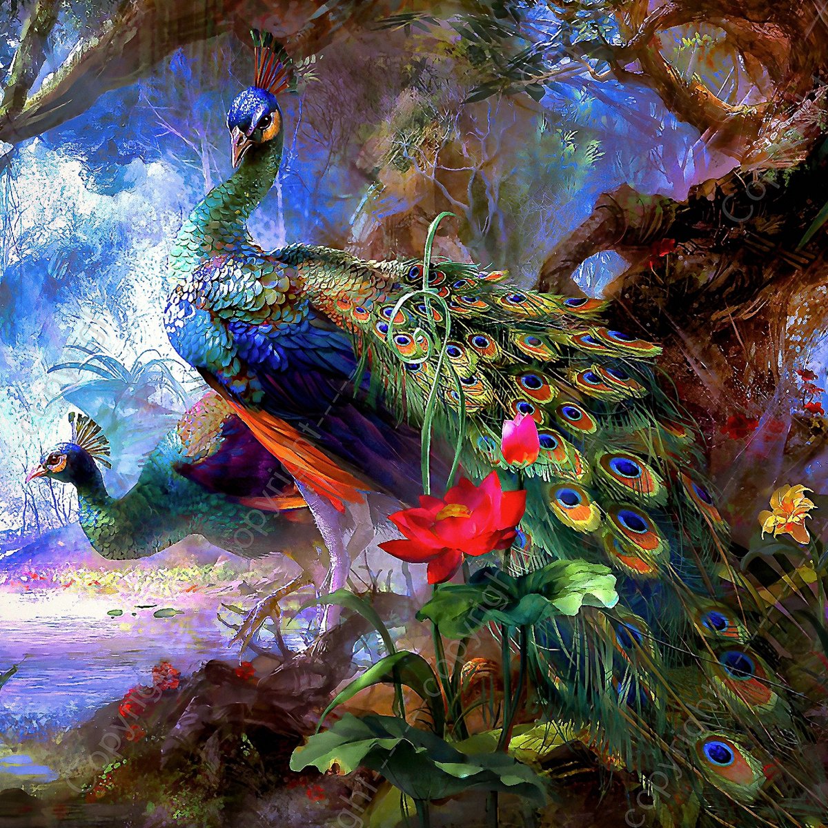 JJ-Art (affiche de jardin Eco | Paons près de l'eau, plantes et fleurs ...