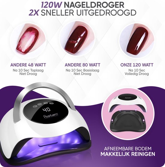 Rostem 120 Watt UV LED Nageldroger - Nagellamp - Perfect Uitgeharde Nagel Gellak - LED Lamp - Lange Snoer - Wit