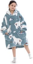 Ijsbeer fleece hoodie deken met mouwen kind – fleece poncho kind – plaid met mouwen - kids 8/12 jaar – maat 134/158 – lengte 75 cm - chillen – Warm & zacht – relax outfit kids – grijs/blauw - Badrock