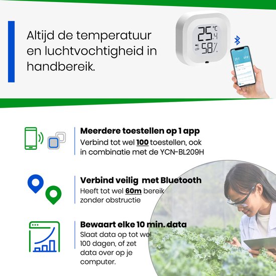 YUCONN Slimme Hygrometer Bluetooth - Thermometer binnen en buiten - Weerstation Draadloos - Luchtvochtigheidsmeter - Temperatuurmeter - Digitaal gratis YUCONN app