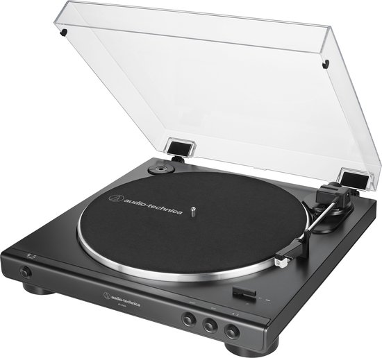 Grijze platenspeler met gesloten kap, zwarte mat met Audio-Technica logo en toonarm.