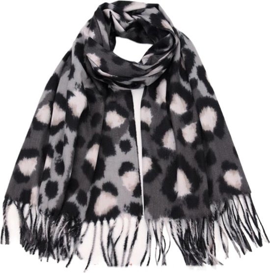 Dames lange warme sjaal met panterprint zwart/grijs