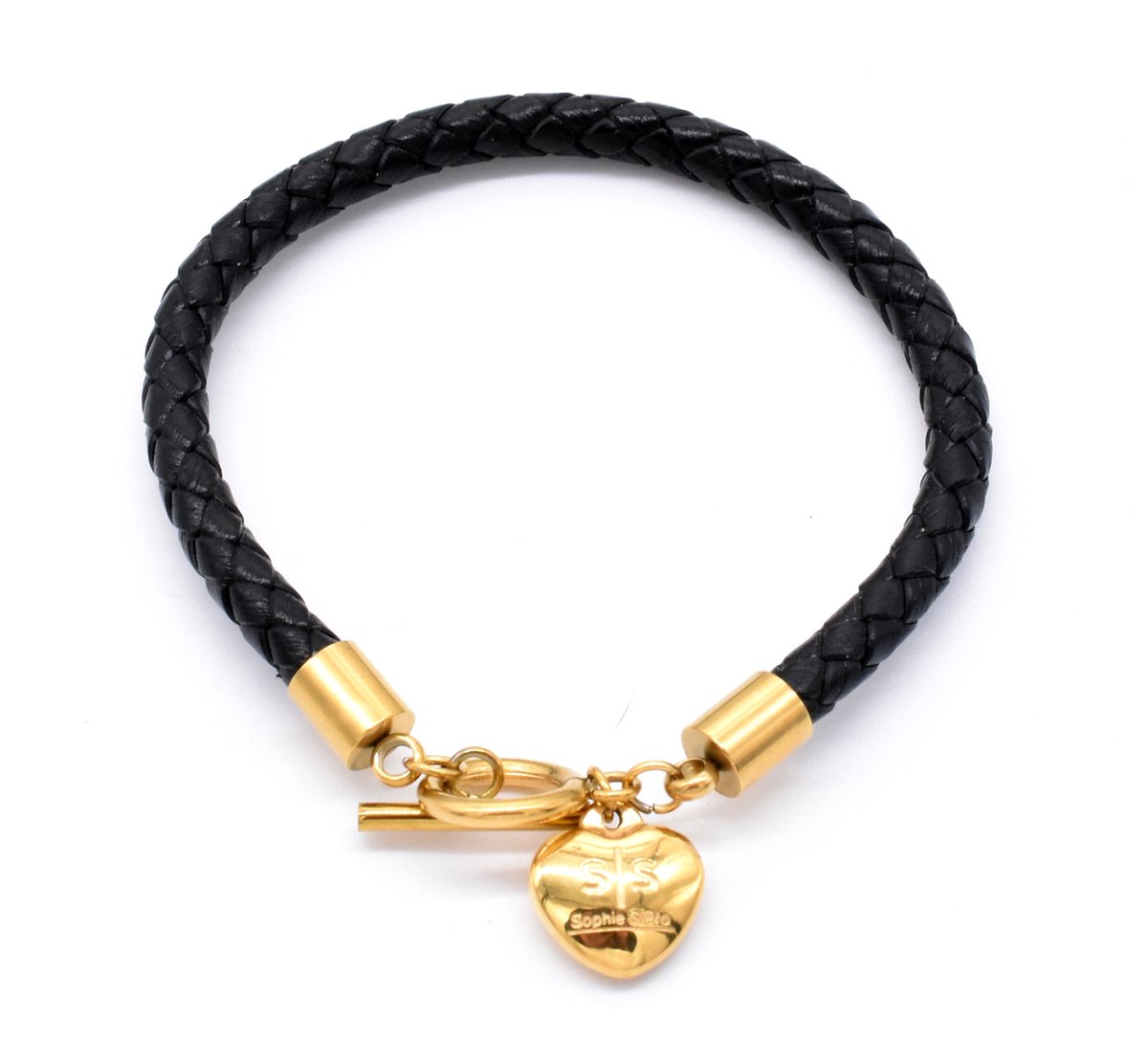 Leren armband dames zwart met hart 16,5cm - gouden armband leer- met geschenkverpakking - Lederen hartjes armband van Sophie Siero - Sieraden - Armbanden