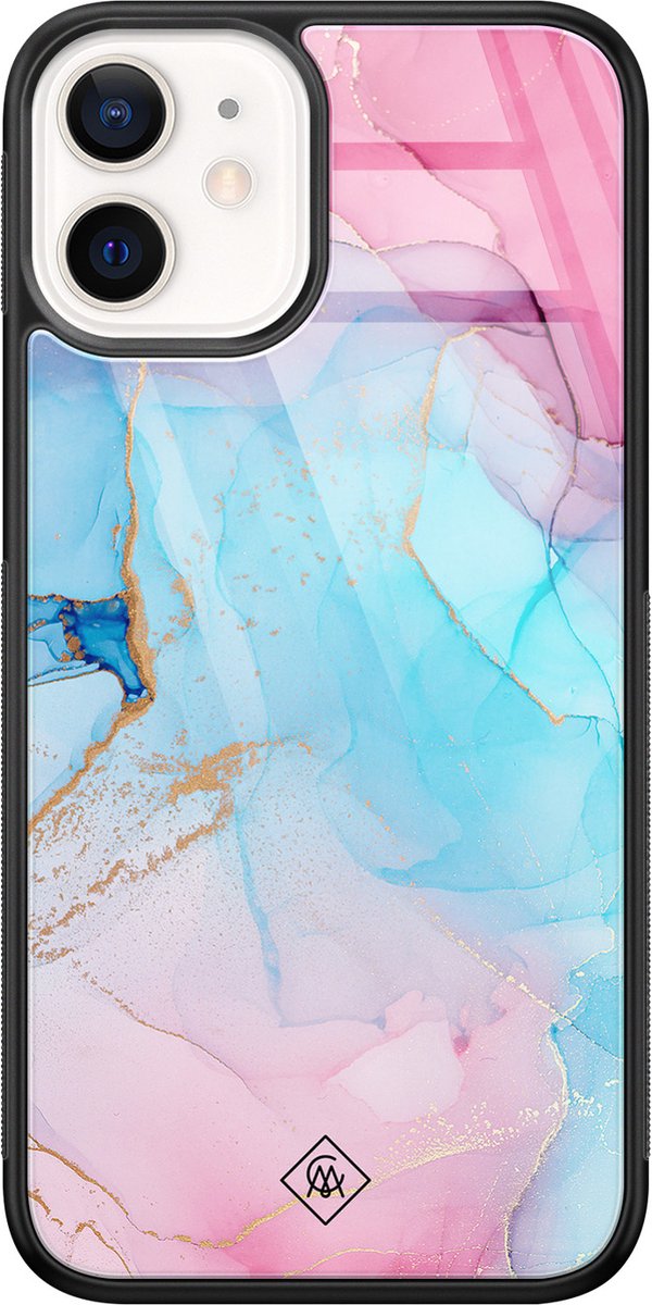 iPhone 12 mini hoesje glas - Marmer blauw roze - Multi - Hard Case Zwart - Backcover telefoonhoesje - Marmer - Casimoda®