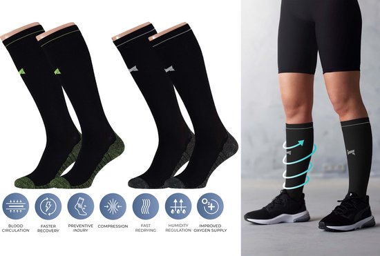 Sport Essentials - Bas de contention - Lot de 2 - Zwart - Tailles 35-38 - Bas de contention - Chaussettes de ski
