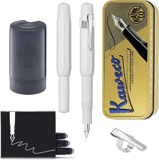 Kaweco - Cadeauset - (5delig) - Vulpen Sport Skyline Wit Fountain Pen - Extra Breed - Oktogonal Clip Chrome -  Patronen houder zwart - Vullingen